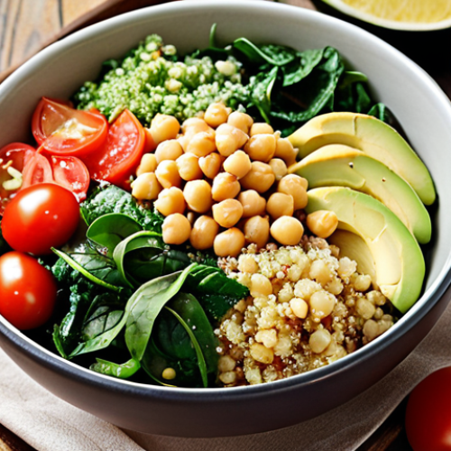 **

A vibrant quinoa salad bowl with quinoa, chickpeas, spinach, tomatoes, and avocado, drizzled with olive oil and lemon juice. Focus on the colorful ingredients and fresh, healthy appeal.

**