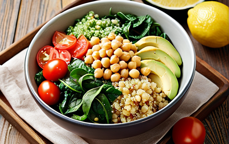 **

A vibrant quinoa salad bowl with quinoa, chickpeas, spinach, tomatoes, and avocado, drizzled with olive oil and lemon juice. Focus on the colorful ingredients and fresh, healthy appeal.

**