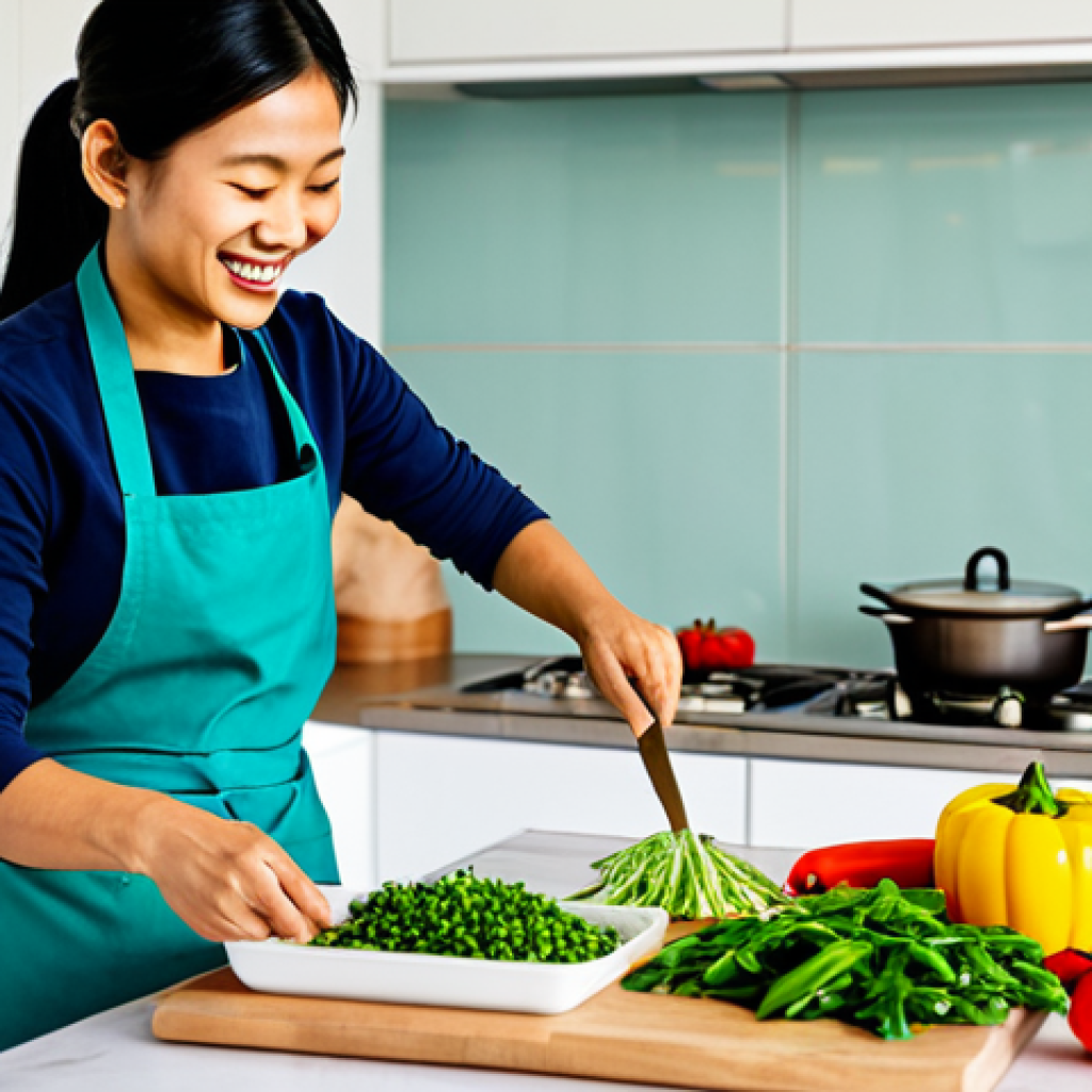 A joyful Thai woman in a modest, professional kitchen apron, enthusiastically preparing a vibrant plant-based meal in a well-lit, modern home kitchen. Fresh, colorful local vegetables, various grains, and aromatic Thai herbs are neatly arranged on the counter, conveying a sense of culinary adventure. She is focused on mixing ingredients, her hands well-formed and proper finger count. The scene emphasizes creativity and health. perfect anatomy, correct proportions, natural pose, fully clothed, appropriate attire, safe for work, modest, professional photography, high quality.