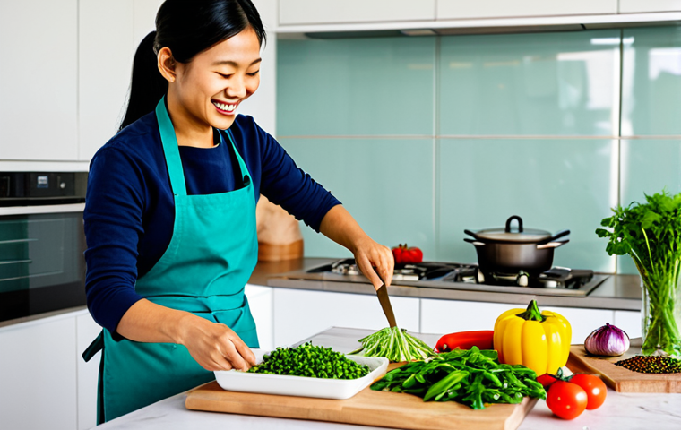A joyful Thai woman in a modest, professional kitchen apron, enthusiastically preparing a vibrant plant-based meal in a well-lit, modern home kitchen. Fresh, colorful local vegetables, various grains, and aromatic Thai herbs are neatly arranged on the counter, conveying a sense of culinary adventure. She is focused on mixing ingredients, her hands well-formed and proper finger count. The scene emphasizes creativity and health. perfect anatomy, correct proportions, natural pose, fully clothed, appropriate attire, safe for work, modest, professional photography, high quality.