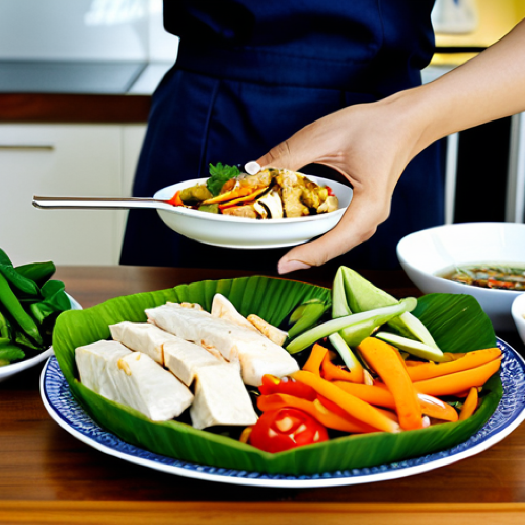 Healthy Thai Meal**

"A vibrantly colorful Thai meal showcasing a variety of fresh vegetables, tofu, and a small portion of grilled chicken, arranged on a traditional Thai plate. The setting is a bright, modern kitchen in Thailand. Focus on the freshness and nutritional value. fully clothed, safe for work, appropriate content, professional, modest, family-friendly, perfect anatomy, correct proportions, natural pose, well-formed hands, proper finger count, natural body proportions"

**