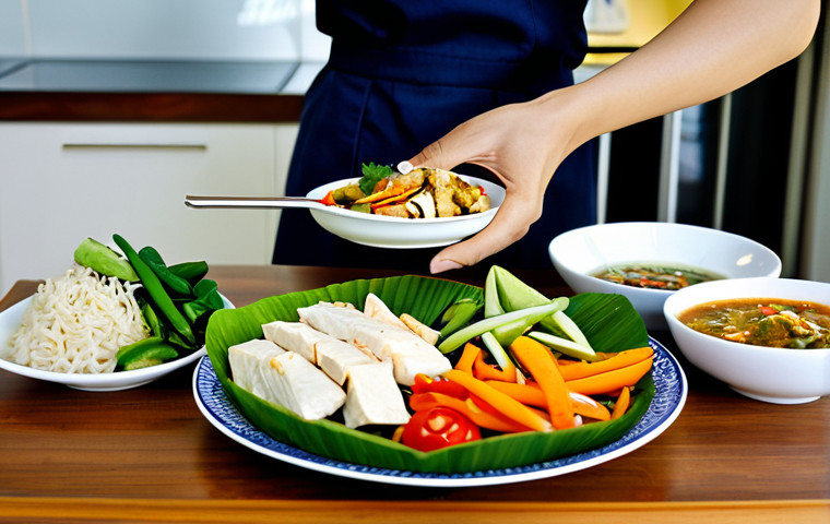 Healthy Thai Meal**

"A vibrantly colorful Thai meal showcasing a variety of fresh vegetables, tofu, and a small portion of grilled chicken, arranged on a traditional Thai plate. The setting is a bright, modern kitchen in Thailand. Focus on the freshness and nutritional value. fully clothed, safe for work, appropriate content, professional, modest, family-friendly, perfect anatomy, correct proportions, natural pose, well-formed hands, proper finger count, natural body proportions"

**