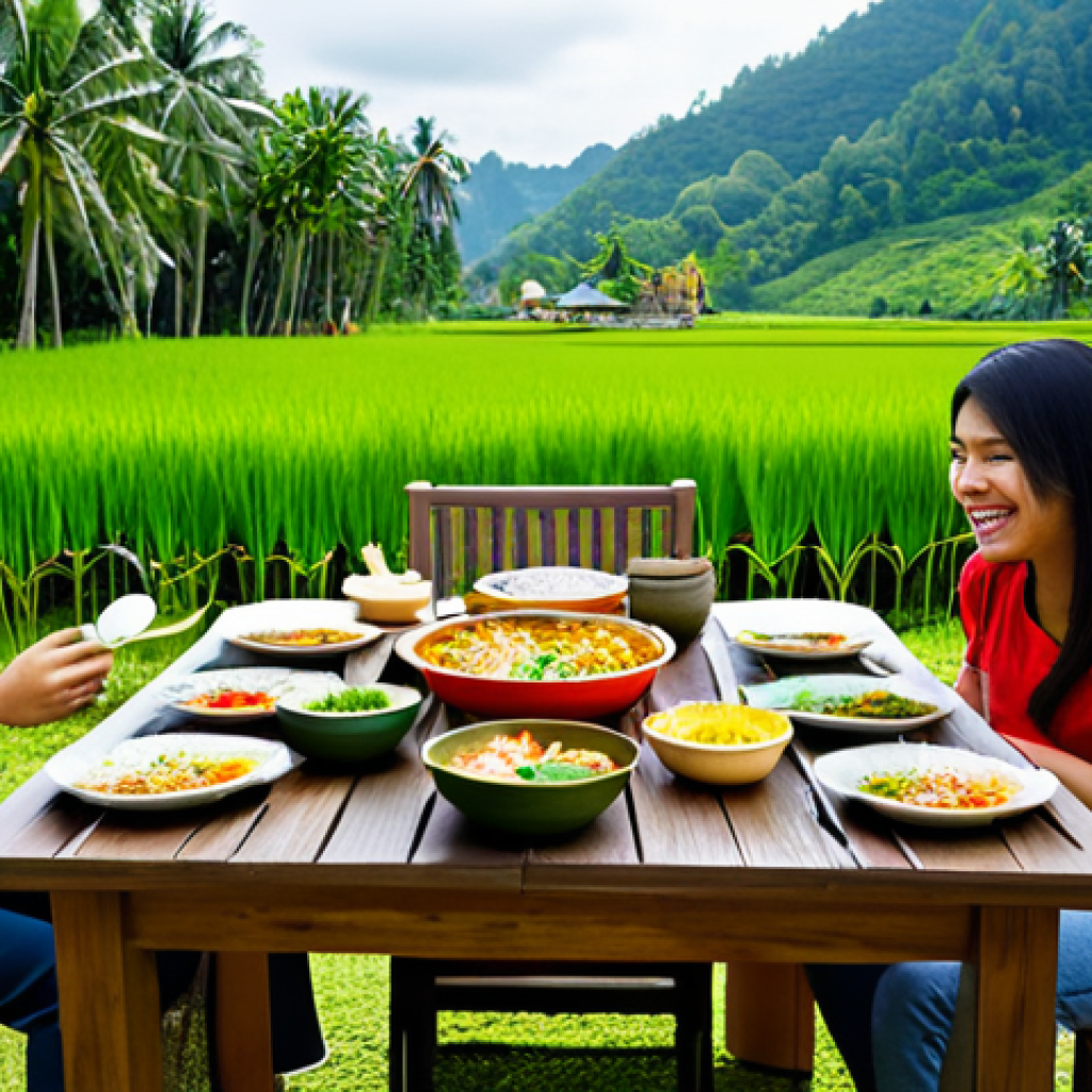 ** A cheerful Thai family enjoying a vibrant Flexitarian meal outdoors. They're seated at a wooden table laden with colorful dishes: stir-fried vegetables, a fragrant tom yum soup with tofu, brown rice, and a small portion of grilled chicken. Everyone is smiling, wearing comfortable, casual clothing. Lush green rice paddies stretch out in the background under a bright, sunny sky. safe for work, appropriate content, fully clothed, family-friendly, professional photography, perfect anatomy, natural proportions.

**