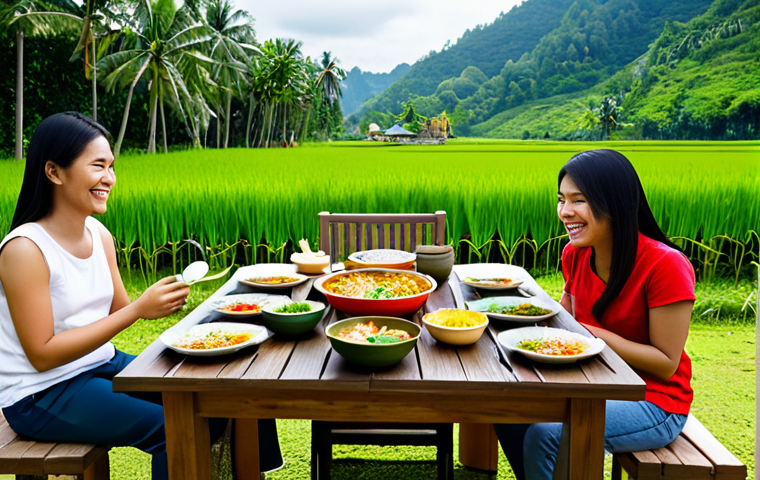 ** A cheerful Thai family enjoying a vibrant Flexitarian meal outdoors. They're seated at a wooden table laden with colorful dishes: stir-fried vegetables, a fragrant tom yum soup with tofu, brown rice, and a small portion of grilled chicken. Everyone is smiling, wearing comfortable, casual clothing. Lush green rice paddies stretch out in the background under a bright, sunny sky. safe for work, appropriate content, fully clothed, family-friendly, professional photography, perfect anatomy, natural proportions.

**
