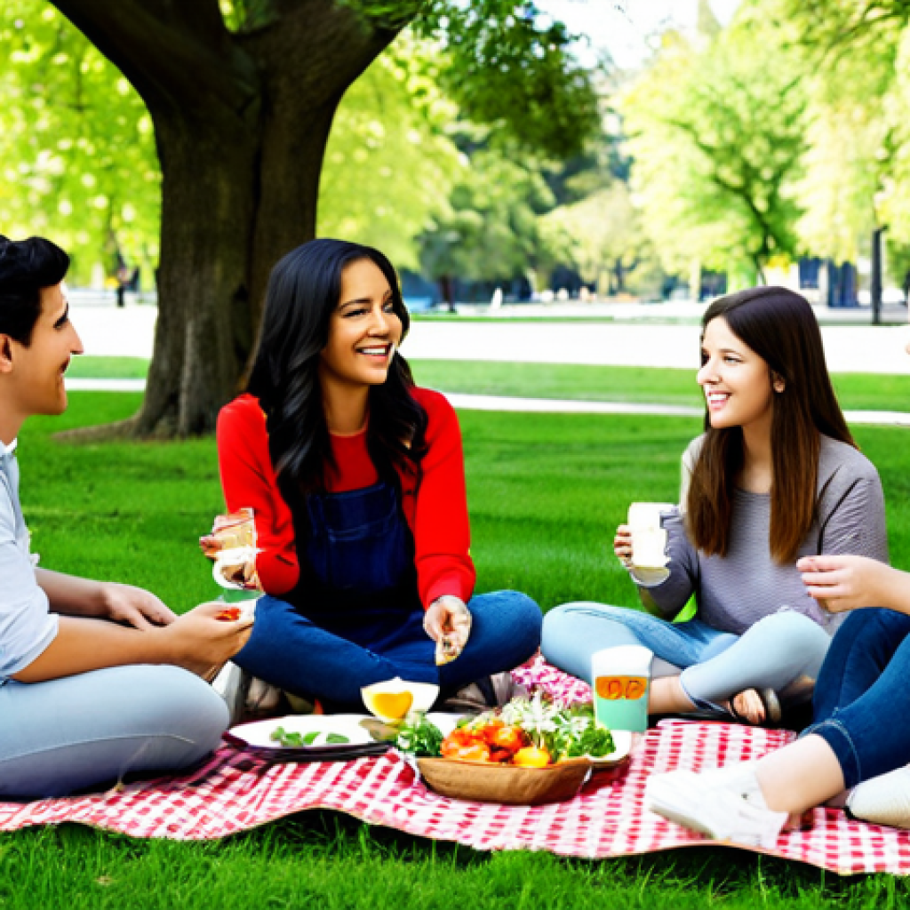 플렉시테리언 식단과 심장 건강 - **Subject:** A diverse group of friends enjoying a colorful and healthy flexitarian meal outdoors at...