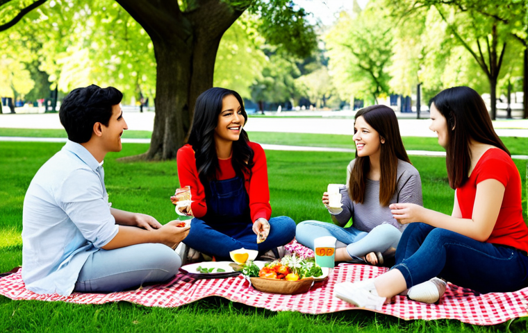 플렉시테리언 식단과 심장 건강 - **Subject:** A diverse group of friends enjoying a colorful and healthy flexitarian meal outdoors at...