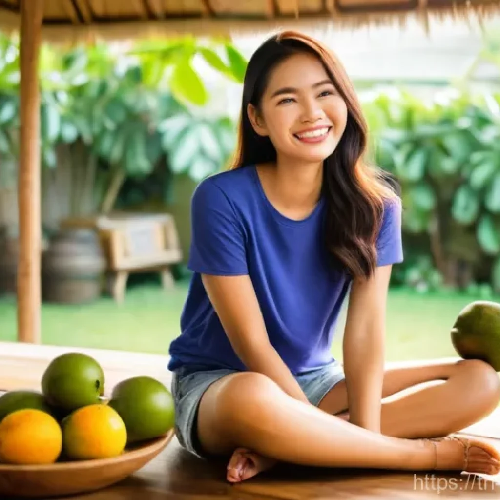 플렉시테리언 식단에서의 과일 섭취 비율 - **Prompt:** A vibrant and refreshing scene featuring a cheerful young Thai woman, aged around 20-25,...
