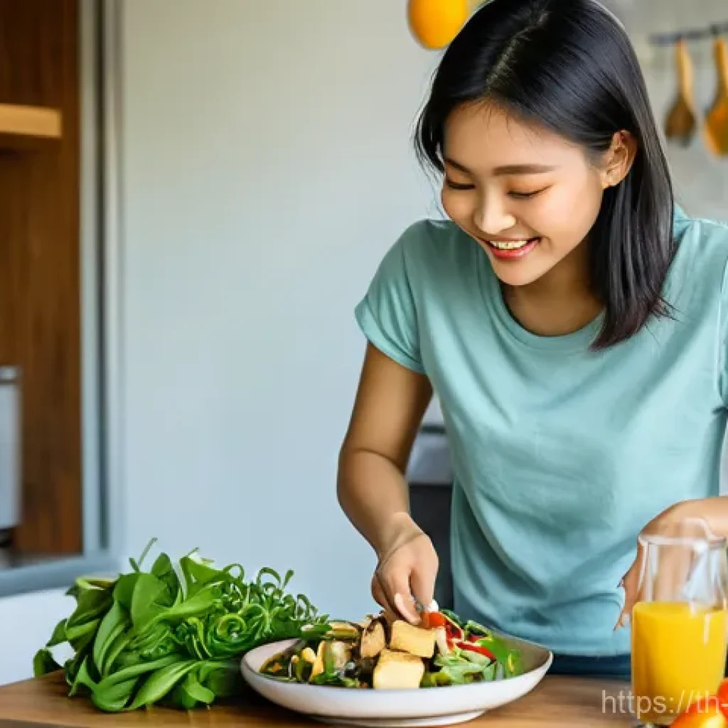 플렉시테리언 식단으로 요리하는 쉬운 방법 - **Prompt:** A vibrant, sunlit indoor scene in a modern Thai kitchen. A healthy and happy young Thai ...