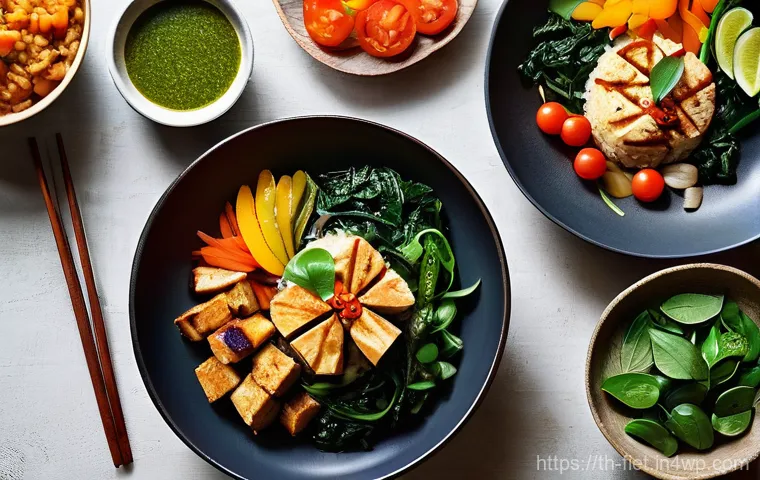 플렉시테리언 식단의 주요 영양소 이해하기 - **Prompt 1: A Vibrant Thai Flexitarian Feast**
    An overhead shot of a beautifully arranged, color...