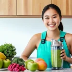 플렉시테리언 식단의 건강한 스무디 레시피 - **Prompt:** A vibrant and dynamic image of a smiling young Thai woman, named Fahsai, in her bright, ...