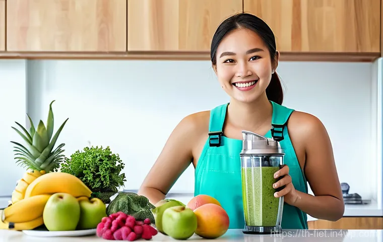 플렉시테리언 식단의 건강한 스무디 레시피 - **Prompt:** A vibrant and dynamic image of a smiling young Thai woman, named Fahsai, in her bright, ...