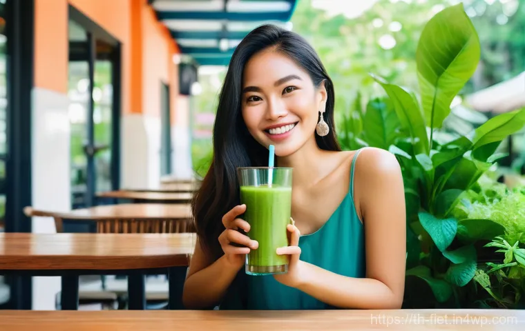 플렉시테리언 식단의 건강한 스무디 레시피 - **Prompt:** A vibrant and dynamic image of a smiling young Thai woman, named Fahsai, in her bright, ...