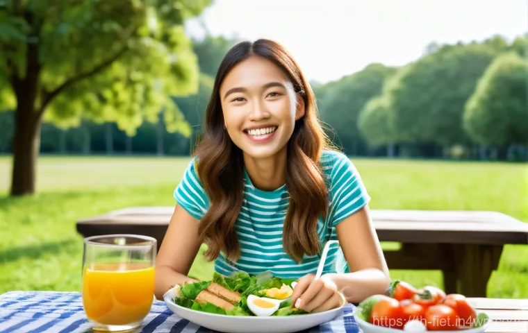 플렉시테리언 식단에서의 식사 후기와 팁 - **Prompt 1: A joyful individual enjoying a vibrant, healthy Flexitarian lunch outdoors.**
A smil...