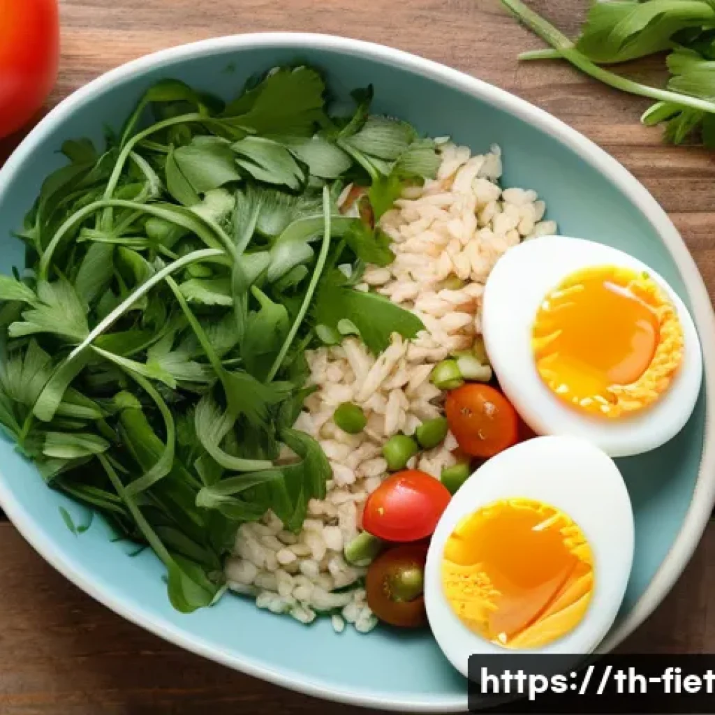 플렉시테리언 식단에서의 달걀 섭취 가이드 - A healthy Flexitarian breakfast scene featuring a neatly plated boiled egg alongside a colorful mixe...