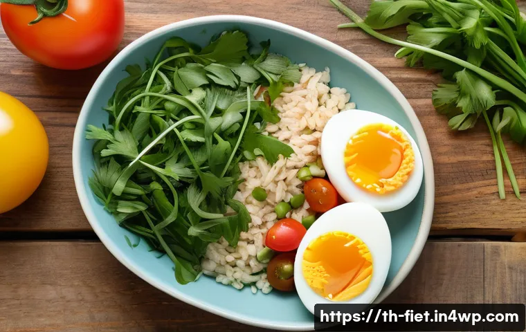 플렉시테리언 식단에서의 달걀 섭취 가이드 - A healthy Flexitarian breakfast scene featuring a neatly plated boiled egg alongside a colorful mixe...