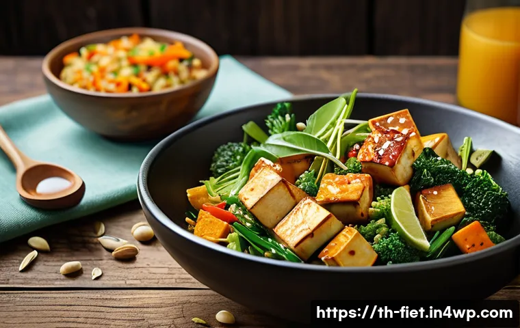 플렉시테리언 식단에서의 비타민과 미네랄 섭취 - A vibrant, healthy flexitarian meal spread on a rustic wooden table featuring colorful dishes: stir-...