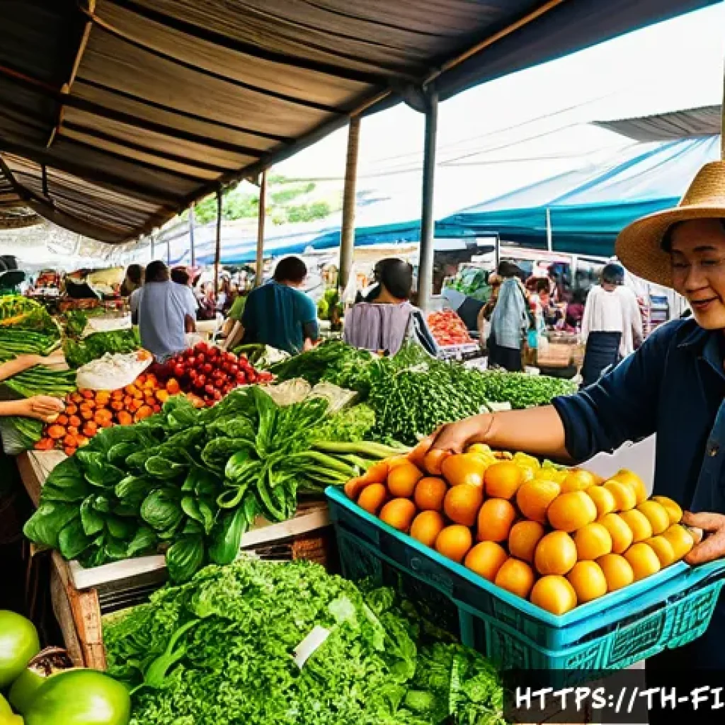 플렉시테리언 식단을 위한 신선한 재료 구입처 - A bustling organic farmer’s market in Bangkok, vibrant stalls overflowing with fresh green leafy veg...