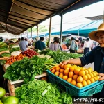 Home 22 플렉시테리언 식단을 위한 신선한 재료 구입처 - A bustling organic farmer’s market in Bangkok, vibrant stalls overflowing with fresh green leafy veg...