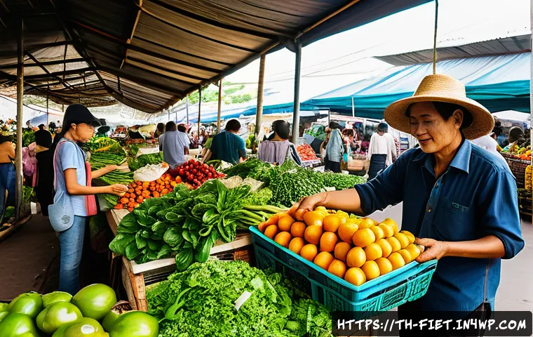 플렉시테리언 식단을 위한 신선한 재료 구입처 - A bustling organic farmer’s market in Bangkok, vibrant stalls overflowing with fresh green leafy veg...