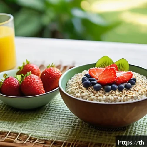 Home 33 플렉시테리언 식단에서의 필수 섬유소 섭취 - A vibrant and colorful Thai-style breakfast table featuring a bowl of oat porridge topped with chia ...