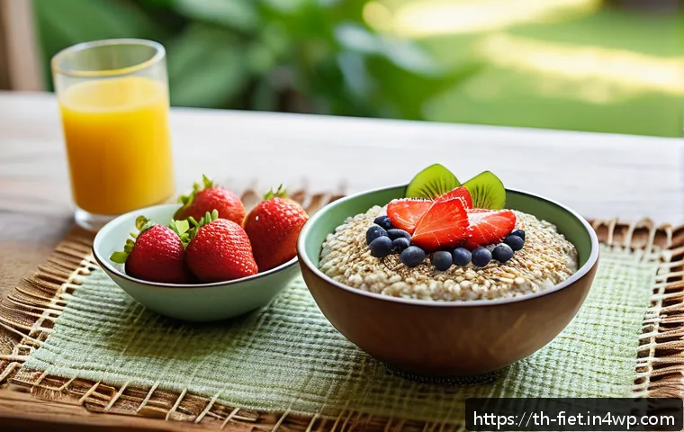 플렉시테리언 식단에서의 필수 섬유소 섭취 - A vibrant and colorful Thai-style breakfast table featuring a bowl of oat porridge topped with chia ...
