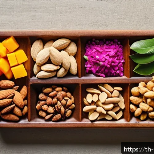 Home 32 플렉시테리언 식단을 위한 스낵과 음료 선택 - A vibrant, inviting snack setup featuring a variety of natural ingredients popular in Thai flexitari...