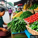 Home 19 플렉시테리언 식단의 재료 선택 팁 - A vibrant and colorful Thai fresh market scene showcasing seasonal vegetables and fruits, with neatl...