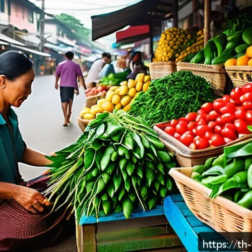 Home 31 플렉시테리언 식단의 재료 선택 팁 - A vibrant and colorful Thai fresh market scene showcasing seasonal vegetables and fruits, with neatl...