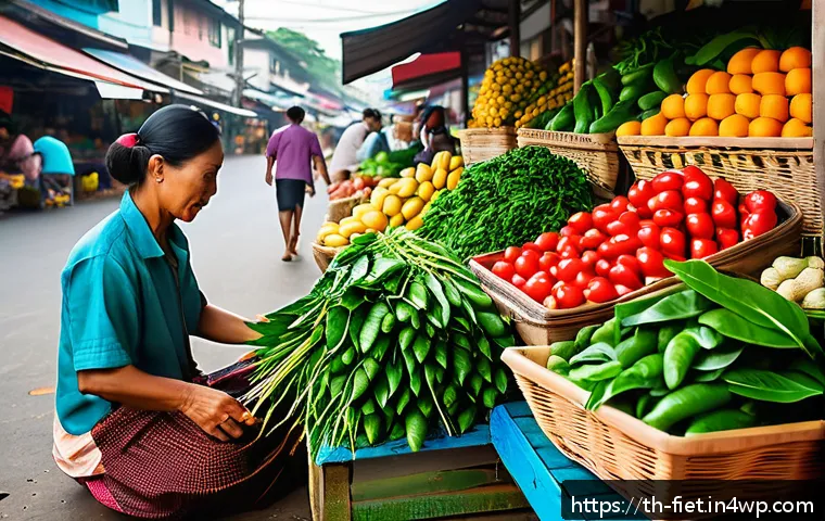 플렉시테리언 식단의 재료 선택 팁 - A vibrant and colorful Thai fresh market scene showcasing seasonal vegetables and fruits, with neatl...