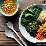 Home 18 플렉시테리언 식단에서의 혈당 관리 - A vibrant and detailed illustration of a healthy Thai meal plate featuring a variety of green leafy ...