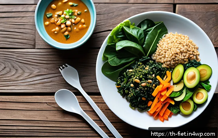 플렉시테리언 식단에서의 혈당 관리 - A vibrant and detailed illustration of a healthy Thai meal plate featuring a variety of green leafy ...