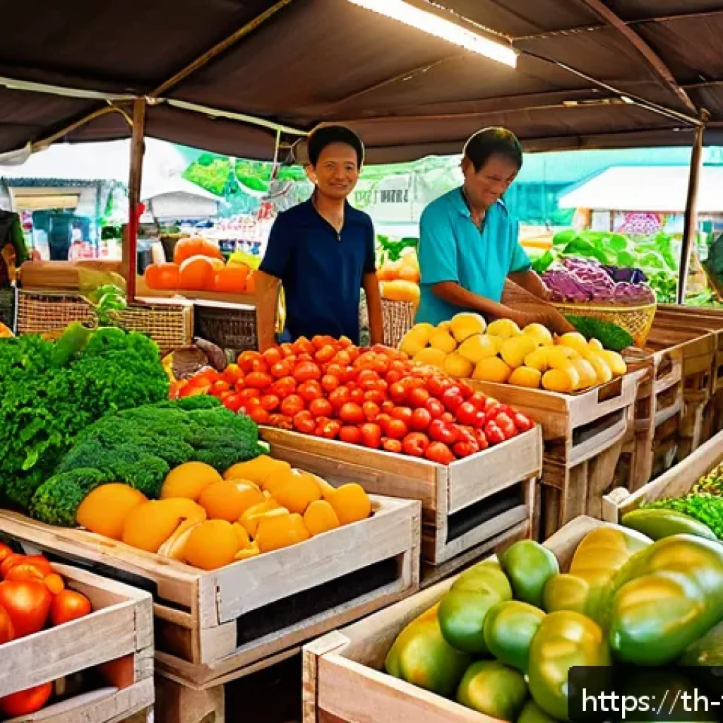 플렉시테리언 식단을 위한 주말 요리 팁 - A vibrant, fresh seasonal vegetable and fruit market stall in Thailand, showcasing ripe red tomatoes...
