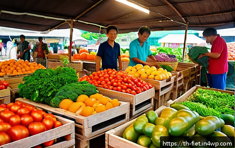 플렉시테리언 식단을 위한 주말 요리 팁 - A vibrant, fresh seasonal vegetable and fruit market stall in Thailand, showcasing ripe red tomatoes...